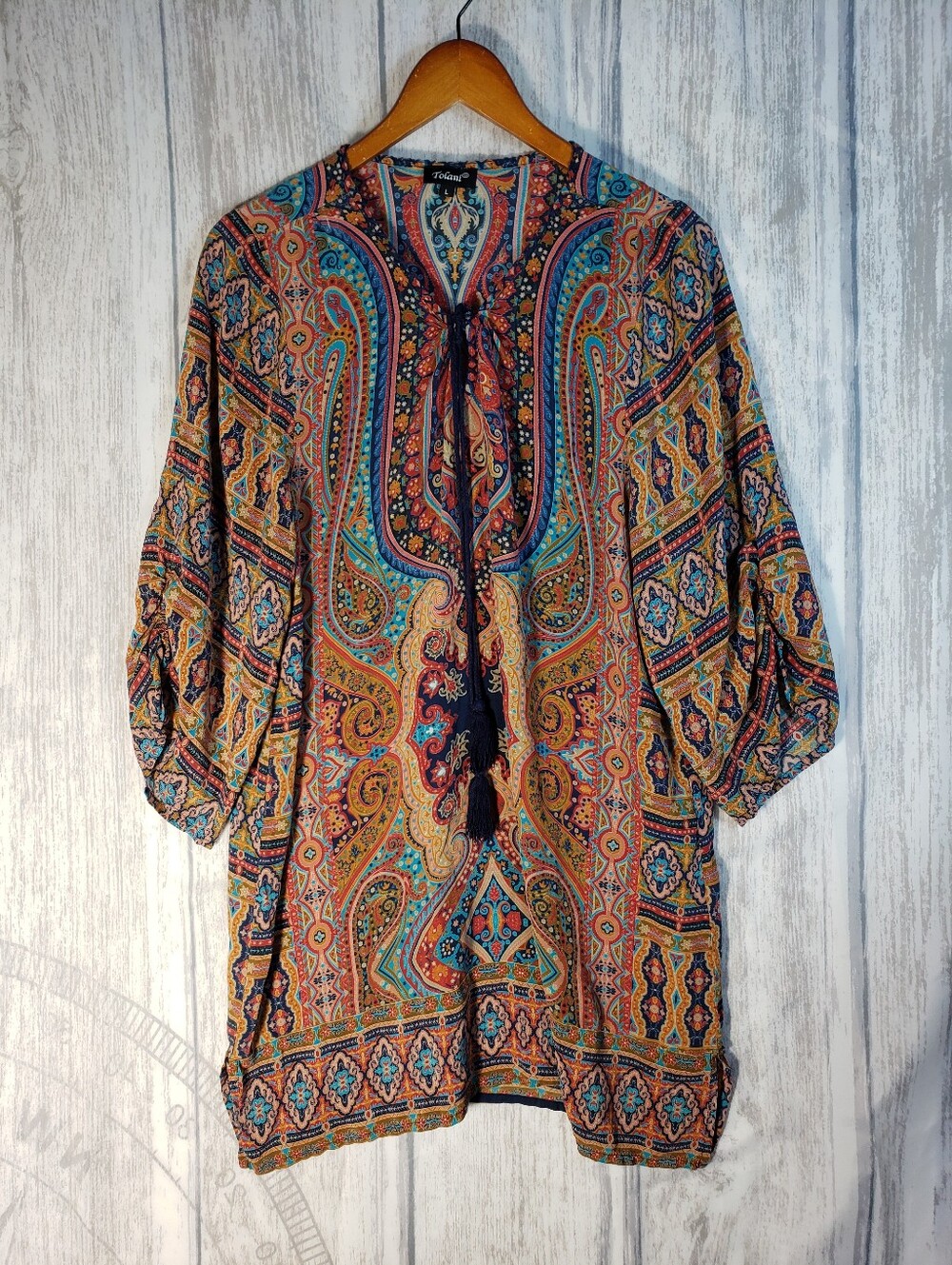 Tolani paisley silk tunic dress Split Neckline Tassel Tie Front Boho Large